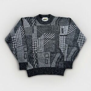 Vintage Le Tigre Sweater Mens M Knit Crewneck 90s Acrylic Black Gray Retro